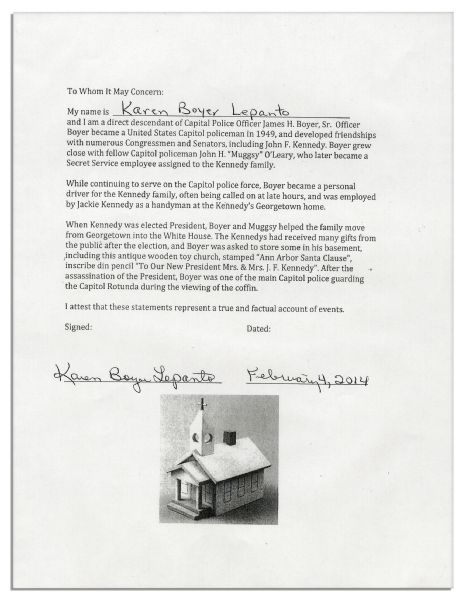 John F. Kennedy Owned Wooden Toy Church -- Together With a Christmas Card Received by JFK as President-Elect