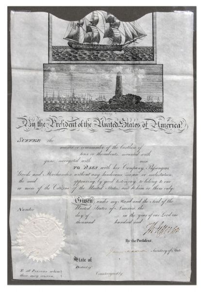 Thomas Jefferson Ship's Paper Signed as President -- Countersigned by James Madison as Secretary of State -- Rare