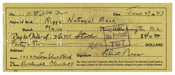 FBI Agent Eliot Ness Signed Check -- Rare