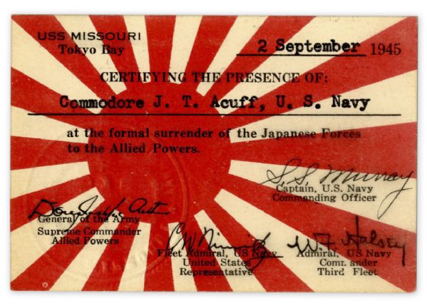 WWII Instrument of Surrender Ceremony Card -- From the Famous Ceremony Aboard The USS Missouri in 1945 -- Given to U.S. Commodore Jasper Acuff