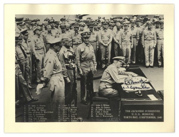 WWII Admiral Chester Nimitz Signed Photograph -- Showing Nimitz Signing the Japanese Surrender Aboard the USS Missouri