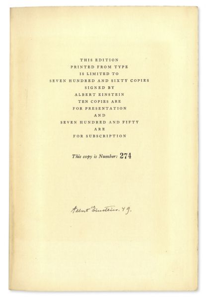 Albert Einstein Signed First Edition of ''Albert Einstein: Philosopher-Scientist'' -- Number 274 Out of 760 Printed