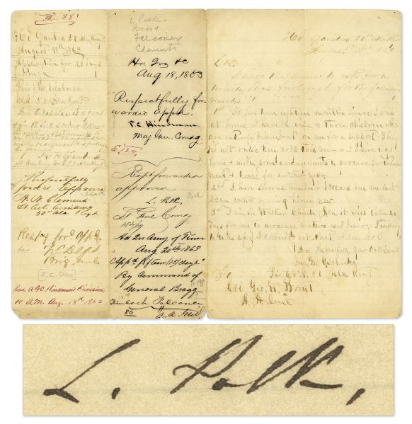 Civil War Furlough Request Signed by Several Confederate Generals & Officers -- Including Generals Leonidas Polk, Thomas C. Hindman, Braxton Bragg & Zacariah Deas