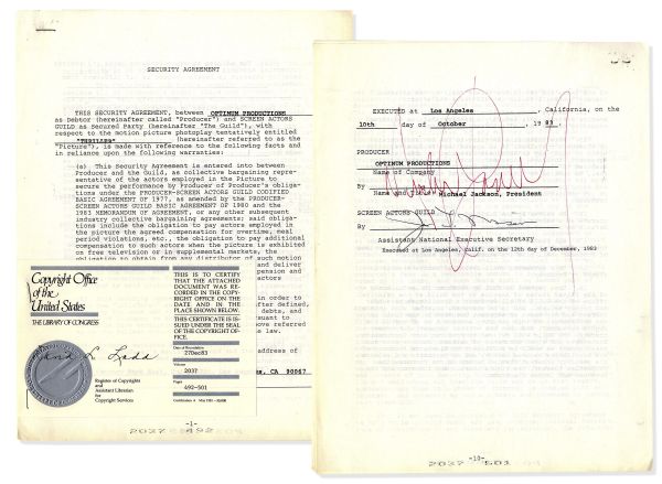 Michael Jackson Signed ''Thriller'' Contract  -- Large Red Signature -- With Verification from the U.S. Copyright Office