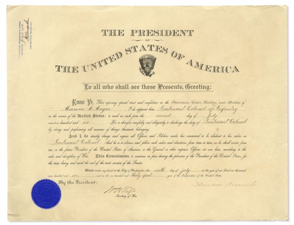 Theodore Roosevelt Military Appointment Signed as President -- Also Signed by William Howard Taft as Secretary of War