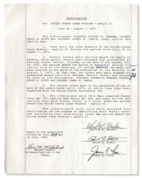 Apollo 15 Crew-Signed Postal Cover Flown to The Moon  -- Carried on the Surface of the Moon in Lunar Module ''Falcon'' -- With COA Also Signed by Astronauts