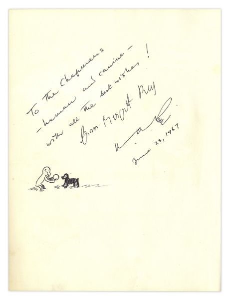 Signed & Hand-Illustrated Copy of ''Curious George Goes to The Hospital'' -- H.A. Rey Inks a Sketch of George With a Dog