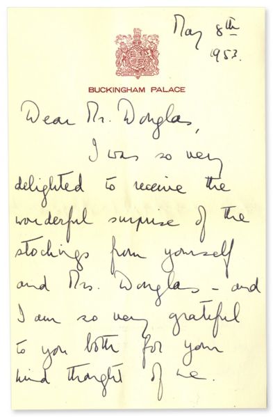 Queen Elizabeth II Autograph Letter Signed One Month Before She Was Crowned Queen -- To U.S. Ambassador Lewis Douglas: ''...I am so grateful to you both for your kind thought of me...''
