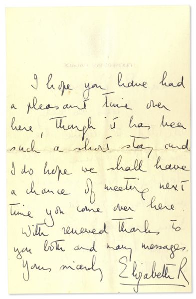Queen Elizabeth II Autograph Letter Signed One Month Before She Was Crowned Queen -- To U.S. Ambassador Lewis Douglas: ''...I am so grateful to you both for your kind thought of me...''