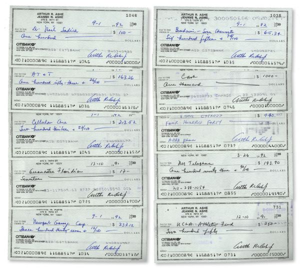 Lot of 10 Arthur Ashe Signed Checks -- From the Arthur Ashe Estate