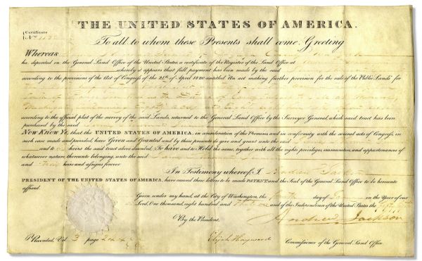 Andrew Jackson Land Grant Signed as President