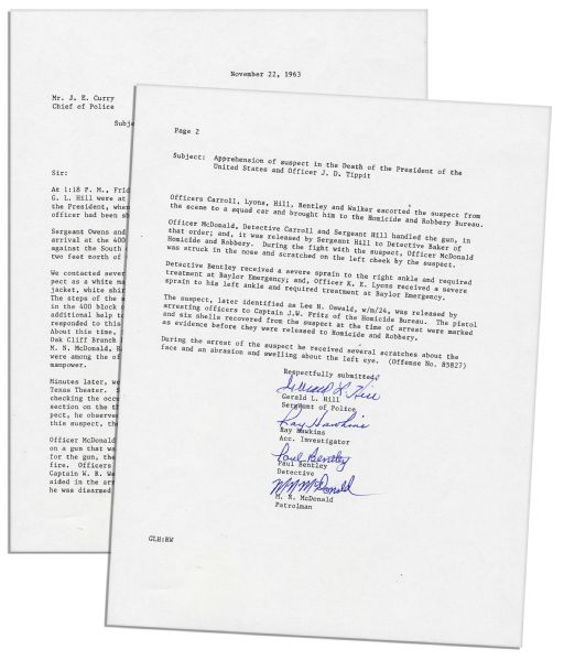 Lee Harvey Oswald Souvenir Arrest Document With Riveting Content of Oswalds Capture -- Signed by All Four Arresting Officers