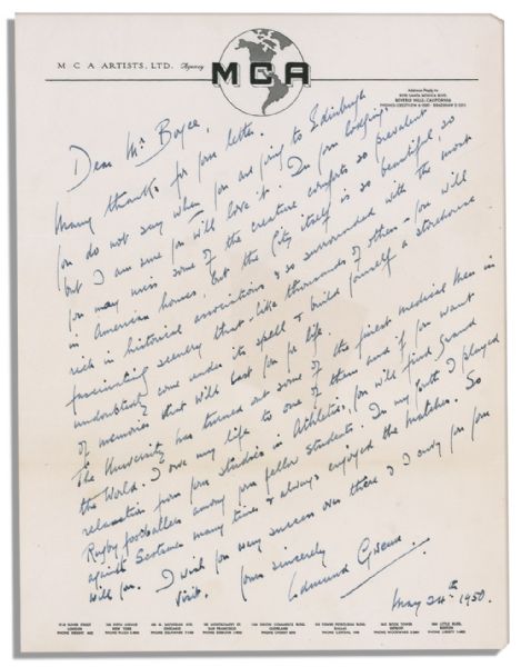 Miracle on 34th Street Actor Edmund Gwenn Autograph Letter Signed -- the Oscar Winning Kris Kringle Writes a Lengthy Letter, ...you will undoubtable come under its spell...