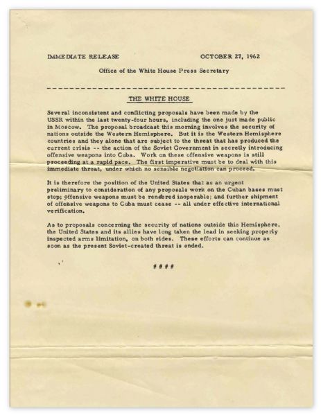 JFK Press Release on the Cuban Missile Crisis -- ...the Soviet Government in secretly introducing offensive weapons into Cuba...