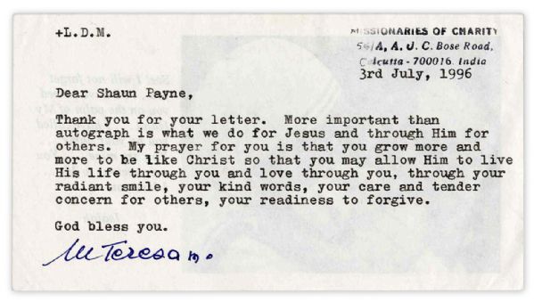 Mother Teresa Typed Letter Signed -- ...My prayer for you is that you grow more and more like Christ...