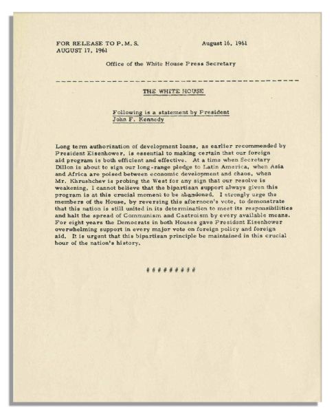 JFK Statement Urging Congress to Halt Communism and Castroism and Reverse the Vote on Foreign Aid -- 16 August 1961