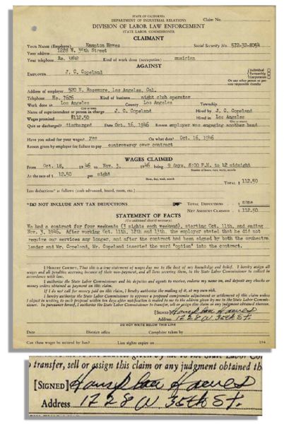 Jazz Musician Hampton Hawes Files a Claim for Wages Not Paid in 1946 -- Signed Hampton Hawes
