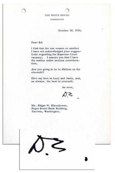 Dwight D. Eisenhower Typed Letter Signed as President Regarding Supreme Court Vacancy -- ...I assure you that I have the matter under serious consideration...