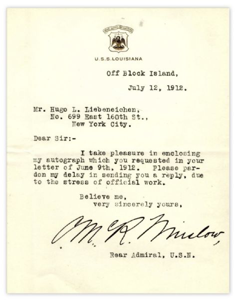 Letter Signed by Rear Admiral Cameron McRae Winslow on U.S.S. Louisiana Cardstock -- ...due to the stress of official work...