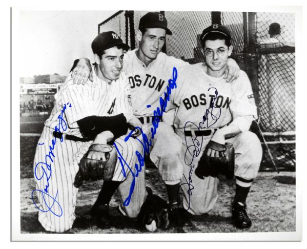 Joe DiMaggio and Ted Williams Signed 10 x 8 Photo -- Also Signed by Dom DiMaggio -- With PSA/DNA COA