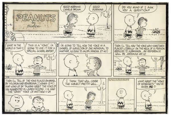 Charles Schulz Hand-Drawn Peanuts Sunday Strip Featuring Charlie Brown & Linus With Biblical Content -- 1964
