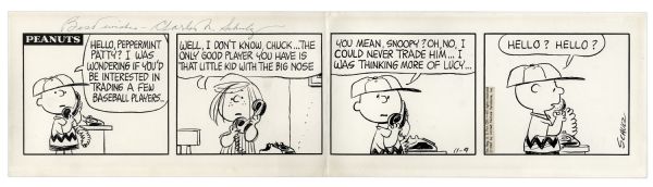 Charles Schulz Hand-Drawn & Signed Peanuts Comic Strip From 1967 -- A Baseball Strip Featuring Charlie Brown & Peppermint Patty