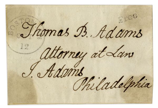 John Adams Free Franked Signature -- With Holograph Address Leaf, to His Son Thomas Adams