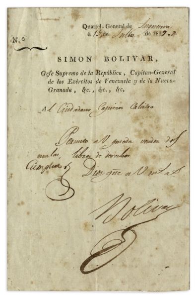 Simon Bolivar Document Signed as Supreme Chief of the Republic -- Large Signature