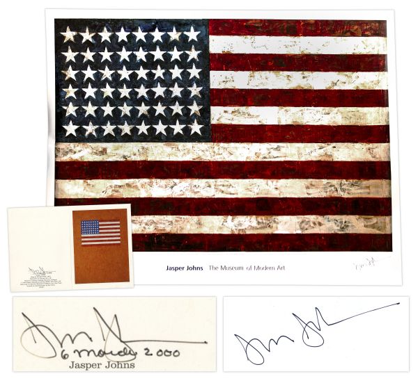 Jasper Johns Signed 38 x 40 Poster of His Famous Flag Painting -- With Additional Postcard Signed by Johns