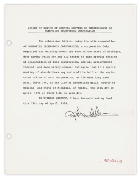 DeLorean Motor Company Founder John Z. DeLorean Signed Document -- 1976