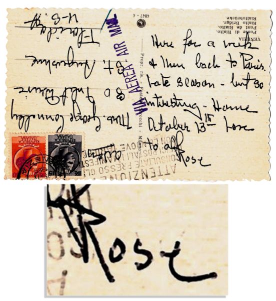 Rose Kennedy Autograph Postcard Signed from Venice -- Here for a week and then back to Paris...