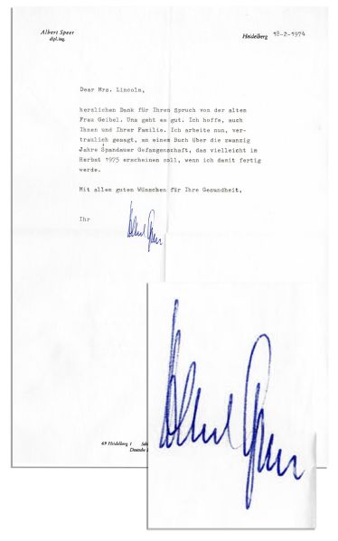 Albert Speer Letter Signed -- ...Im telling you in confidence I am currently working on a book about the twenty years I spent imprisoned in Spandau...