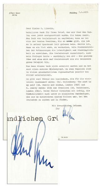 Albert Speer Letter Signed About Hitler -- ...Napoleon is positively fundamentally different from Hitler...the awful circumstances that were found in Hitlers authoritarian system...