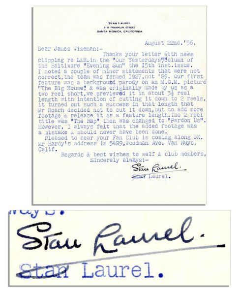 Stan Laurel Letter Signed on the Formation of Laurel & Hardy -- ...the team was formed 1927, not 29. Our first feature was a background parody on an M.G.M. picture The Big House...