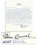 Stan Laurel Letter Signed on the Formation of Laurel & Hardy -- ...the team was formed 1927, not 29. Our first feature was a background parody on an M.G.M. picture The Big House...