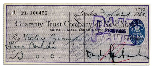 Check Signed by Douglas Fairbanks, Sr. -- 22 November 1935 -- Cancellation Stamps, Smudging and Red Mark to Signature -- Overall Very Good