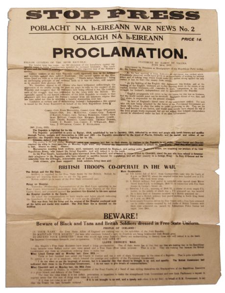 1922 Irish Civil War Broadside Issued by the IRA -- Beware of Black and Tans -- With a Statement by Eamon de Valera