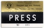 Press Badge for JFKs Texas Welcome Dinner Scheduled for 22 November 1963