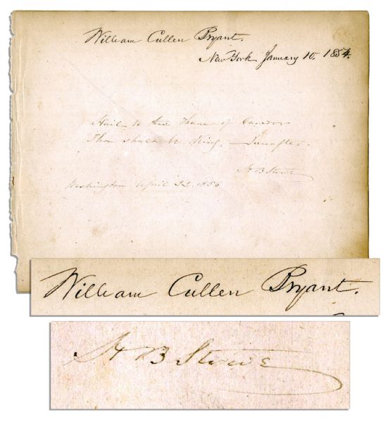 Harriet Beecher Stowe Handwrites a Quote From Macbeth and Signs Alongside William Cullen Bryant Upon a Single Slip