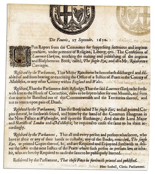 English Civil War Broadside Commanding The Burning of an Impious and Blasphemous Book & Banishing Its Author Laurence Clarkson