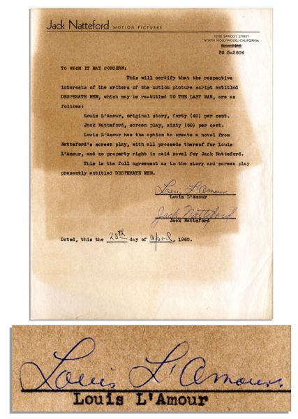 Louis LAmour Document Signed -- Contract For a Collaboration With Screenwriter Jack Natteford