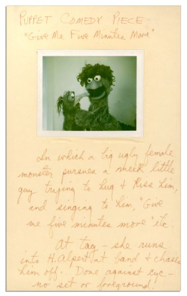 Jim Henson Handwritten Notes of a Muppet Segment From a Very Early TV Special -- PUPPET COMEDY PIECE -- With Original Polaroid of Gonzo & Beautiful Day Monster