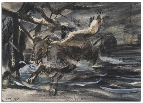 Rare 1940s Lassie Storyboard -- Painting Depicts the Most Famous Dog in Hollywood Running Through a Wintry Setting