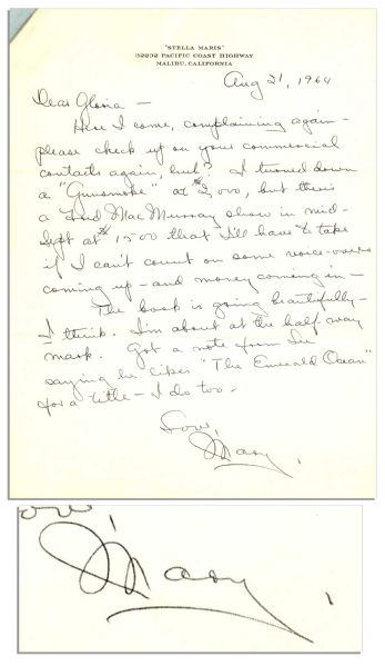 Mary Astor Letter Signed -- ...I turned down a Gunsmoke at $2,000, but theres a Fred MacMurray show in mid-Sept at $1500 that Ill have to take if I cant count on some voice-overs...