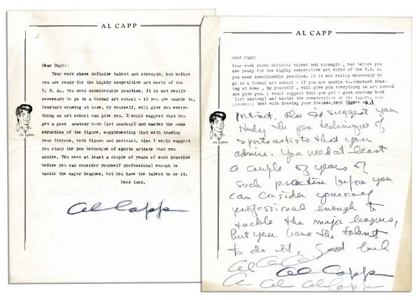 Two Al Capp Letters Signed to an Aspiring Artist Fan -- ...get a good anatomy book (art anatomy) and master the construction of the figure...