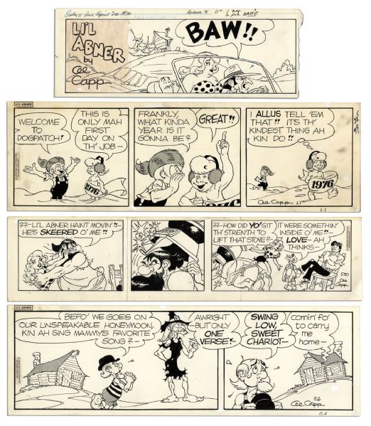 Lot of 4 Lil Abner Comic Strips From 1976 -- Hand-Drawn & Signed by Capp Featuring Daisy Mae, Lil Abner, A Shmoo & Honest Abe -- Sizes Vary, Approximately 19.5 x 6.25 -- Very Good
