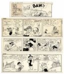 Lot of 4 Lil Abner Comic Strips From 1976 -- Hand-Drawn & Signed by Capp Featuring Daisy Mae, Lil Abner, A Shmoo & Honest Abe -- Sizes Vary, Approximately 19.5 x 6.25 -- Very Good