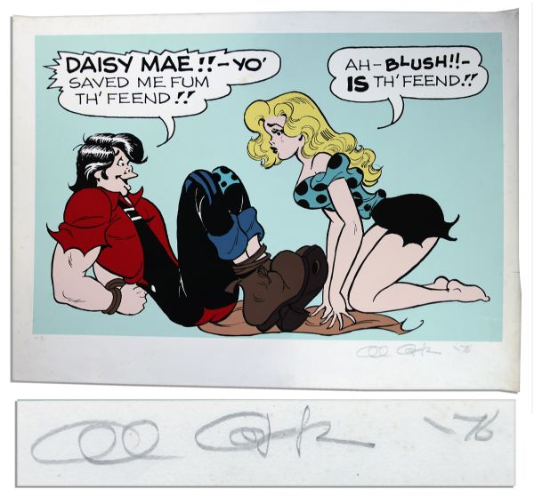 Giant & Colorful Lil Abner Artist Proof -- Capp Pencils AP 10/30 & Signs Al Capp 76 -- Measures 44 x 31.5 -- Foxing & Tears to Border