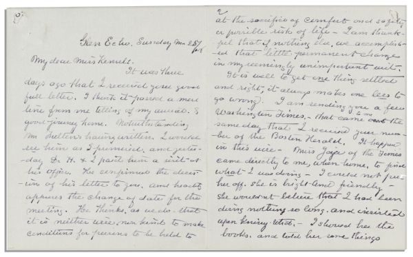 Red Cross Founder Clara Barton Autograph Letter -- ...it is neither wise nor kind to make conditions for persons to be held at the sacrifice of comfort and safety...