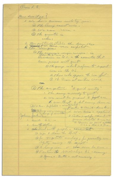 Richard Nixon Handwritten on Vietnam -- ...The enemys major weapon is [the American publics] opposition to war...We have awesome military power...We can win, the question is, when?...